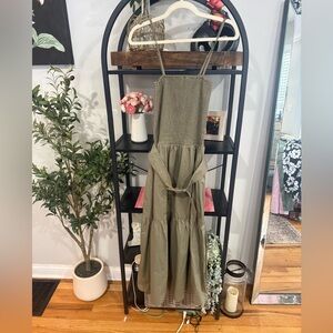 Bishop + Young Olive Green Smocked Midi Dress w/ Belt Size Small